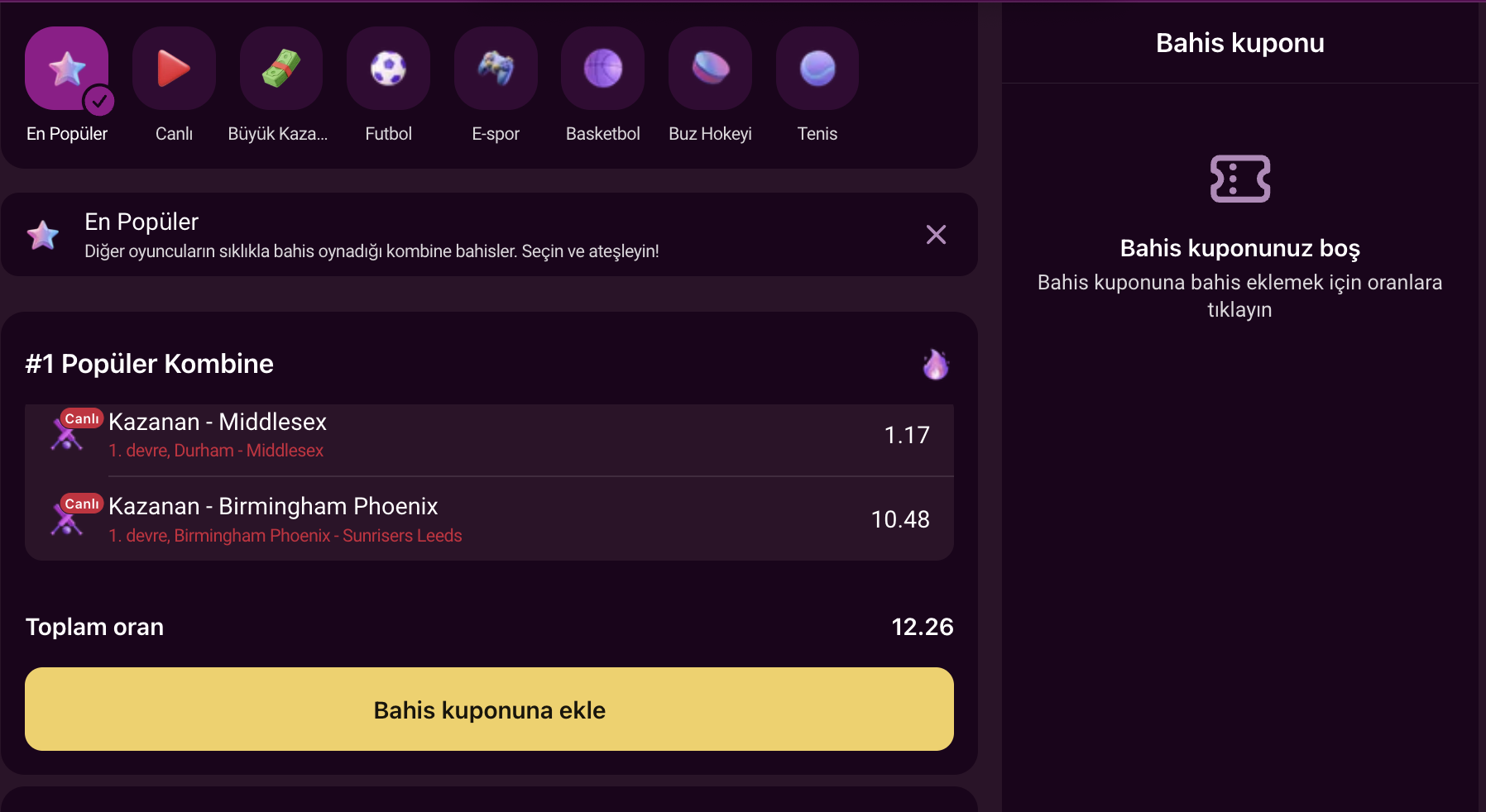 Lüks Casino bet slip screen, single and combo options