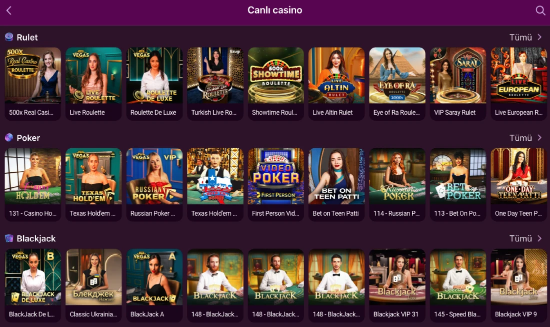 Lüks Casino live casino table types, roulette and blackjack options