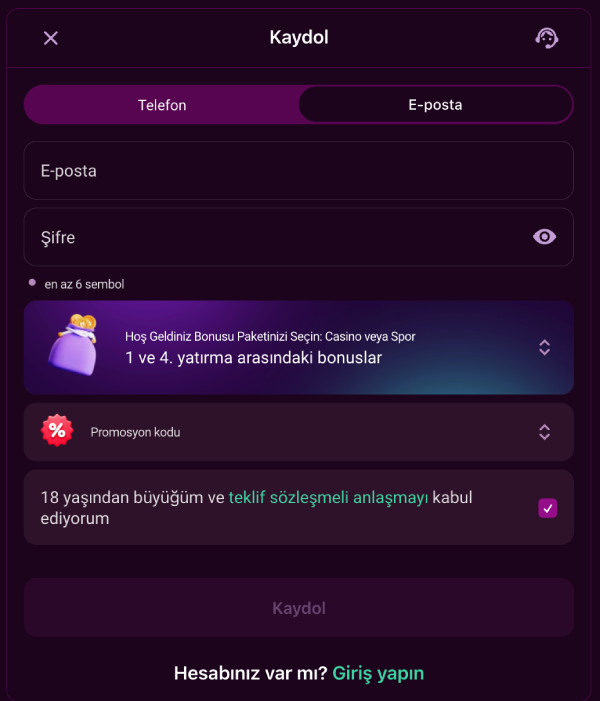 Lüks Casino registration form, phone and email sign-up options