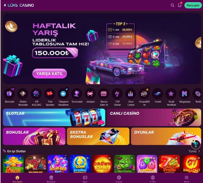 Lüks Casino game lobby screenshot showing slots and live casino categories