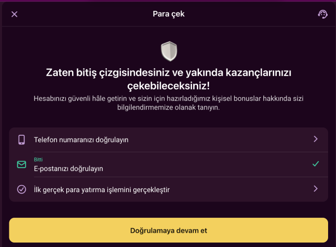 Lüks Casino screen showing the three required steps before first withdrawal